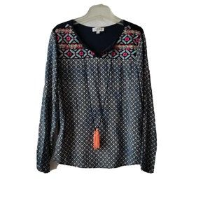 THML Anthropologie Top  Embroidered Tassle Tie Boho Casual Blouse Women's Sz S